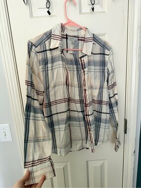 Calvin Klein Jeans Plaid Button-Down in Cream, Blue & Burgundy